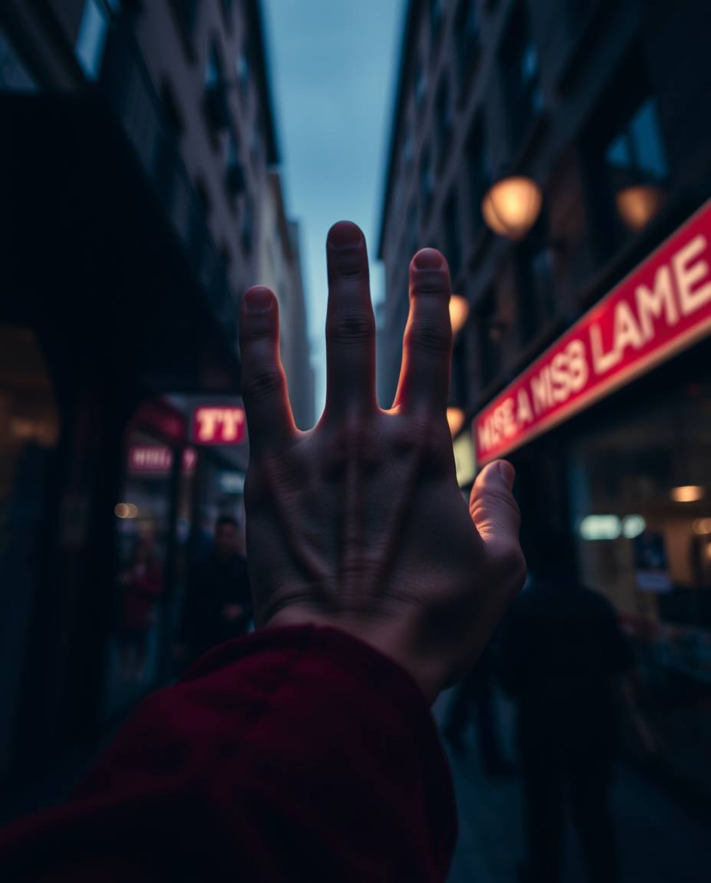 Captivating street photography showcasing rich burgundy and deep blue tones in candid urban scenes. Focus is drawn to a hand 