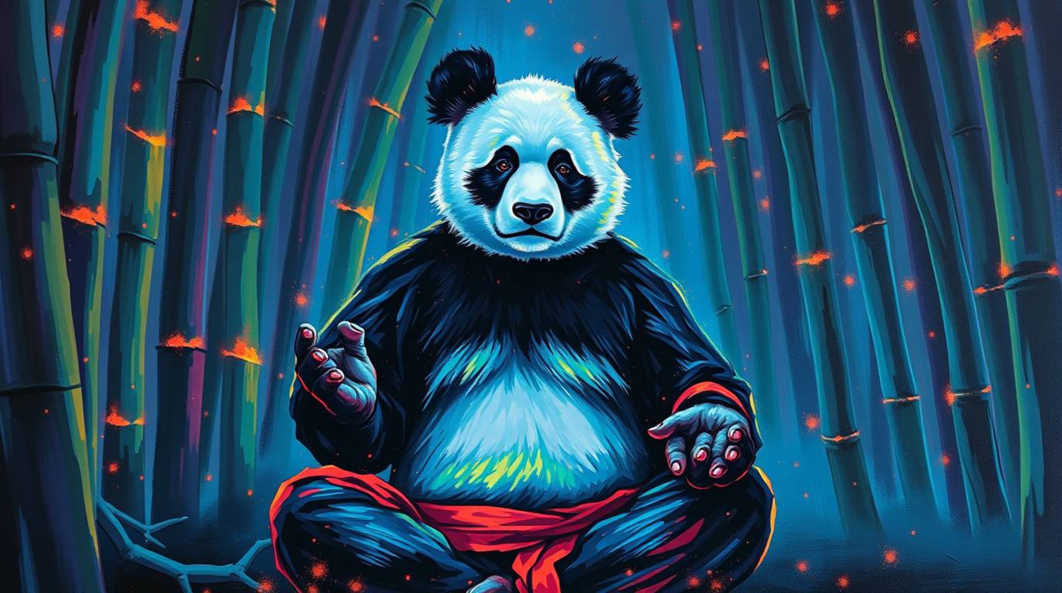 This artwork depicts a bold acrylic painting showcasing a martial artist panda peacefully meditating within a serene bamboo f
