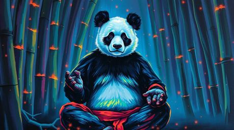 This artwork depicts a bold acrylic painting showcasing a martial artist panda peacefully meditating within a serene bamboo f