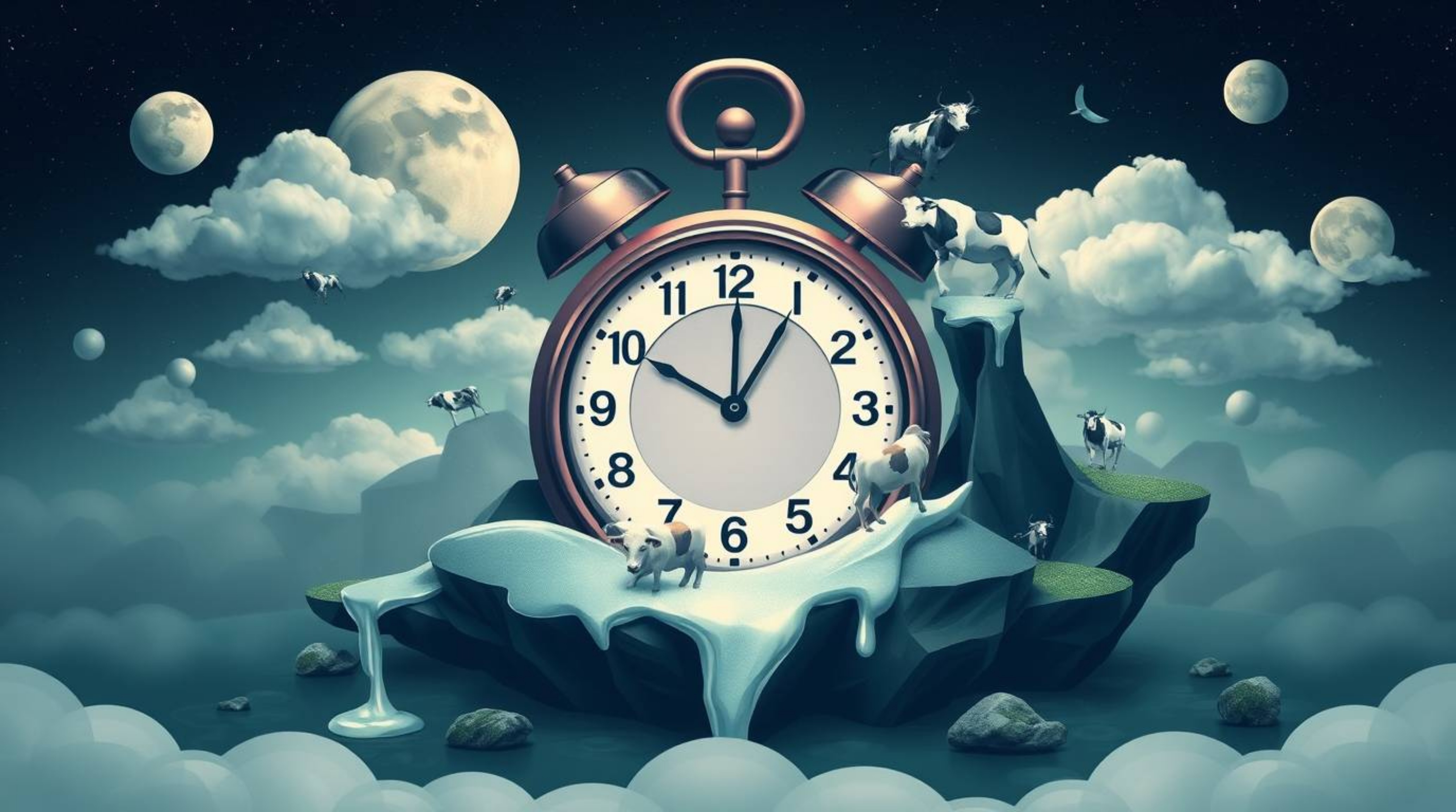 Explore a surreal dreamscape logo design featuring melting clocks and floating cows, rendered in geometric shapes and clean l