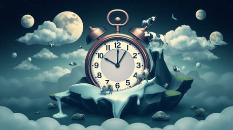 Explore a surreal dreamscape logo design featuring melting clocks and floating cows, rendered in geometric shapes and clean l