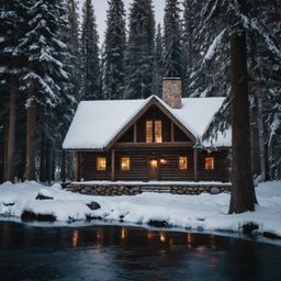 Escape to a cozy retreat in this charming traditional wooden cabin nestled deep within the snow-covered woods.  Featuring a c
