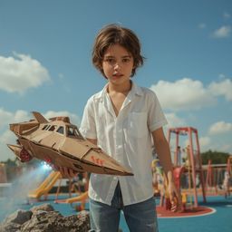 A captivating high-fashion photography shoot in the style of Pixar depicts a boy with messy brown hair building a detailed ca