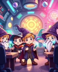Discover adorable young wizards attending a futuristic magical school! This vibrant cartoon art features advanced technology,