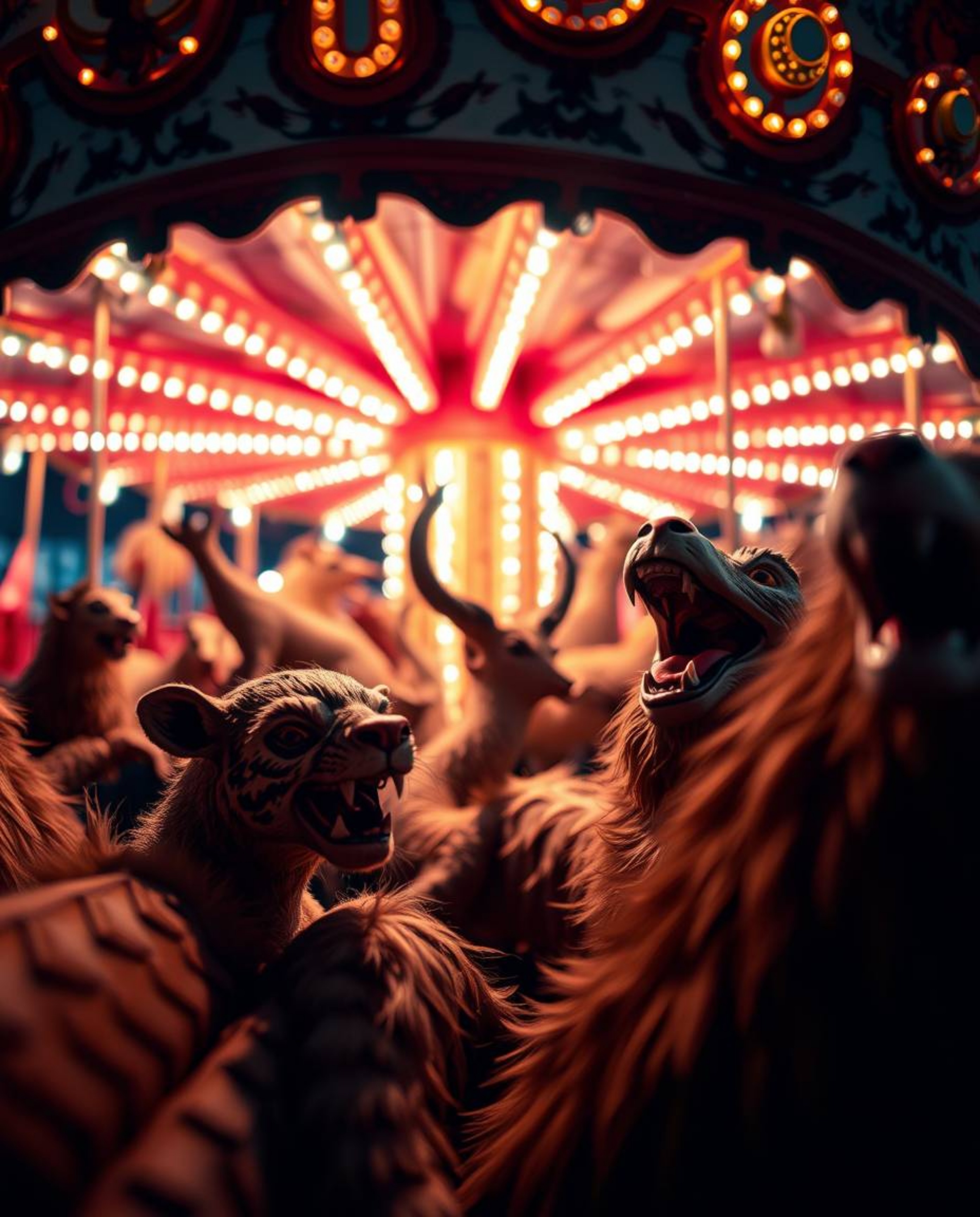 An extreme macro close-up photograph of a carnival overtaken by wild animals, captured with artistic lighting to showcase abs