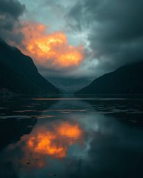 A moody, wet, and rainy scene depicts the reflections of fiery clouds in a mountain lake. The atmosphere is characterized by 