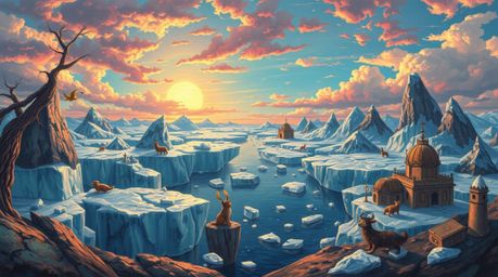 Discover a dreamlike surreal painting depicting an adorable sunset over icy polar glaciers.  This whimsical artwork features 
