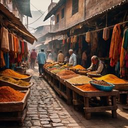 Immerse yourself in the vibrant atmosphere of an ancient city's bustling market street. Discover a kaleidoscope of colorful t