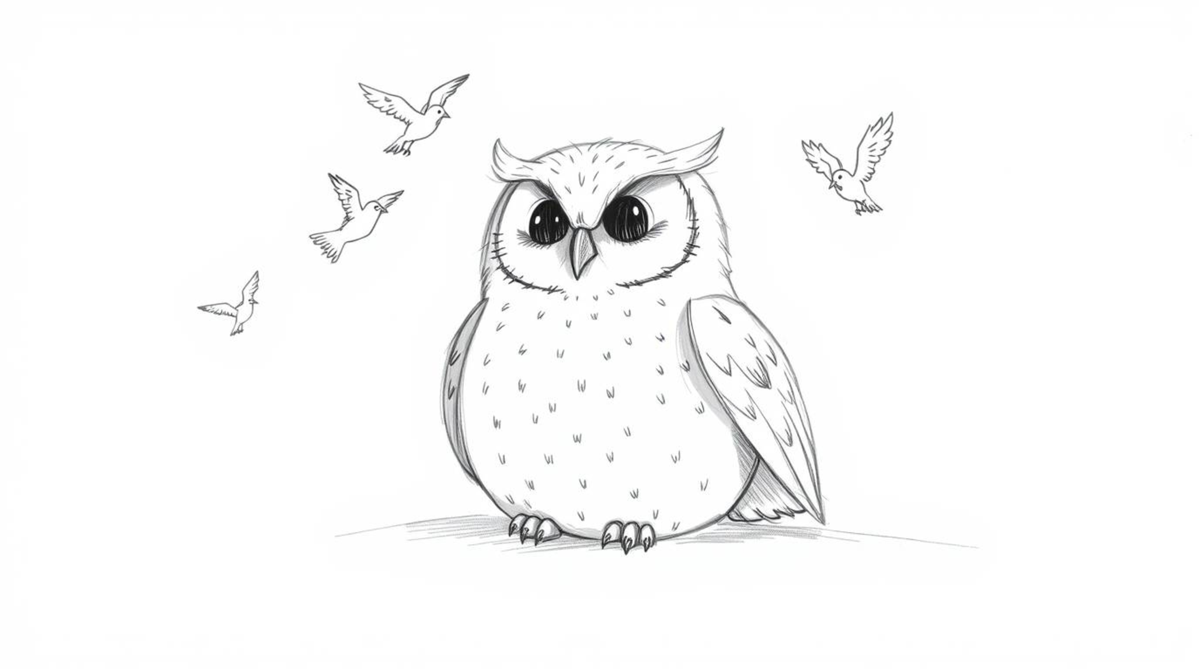 A heartwarming hand-drawn sketch in the style of Pixar showcases a blind owl with soft feathers and a serene expression, embo
