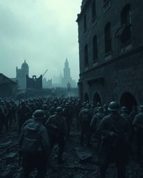 Explore a captivating high contrast photograph depicting a battlefield frozen in time, showcasing time-warped soldiers amidst
