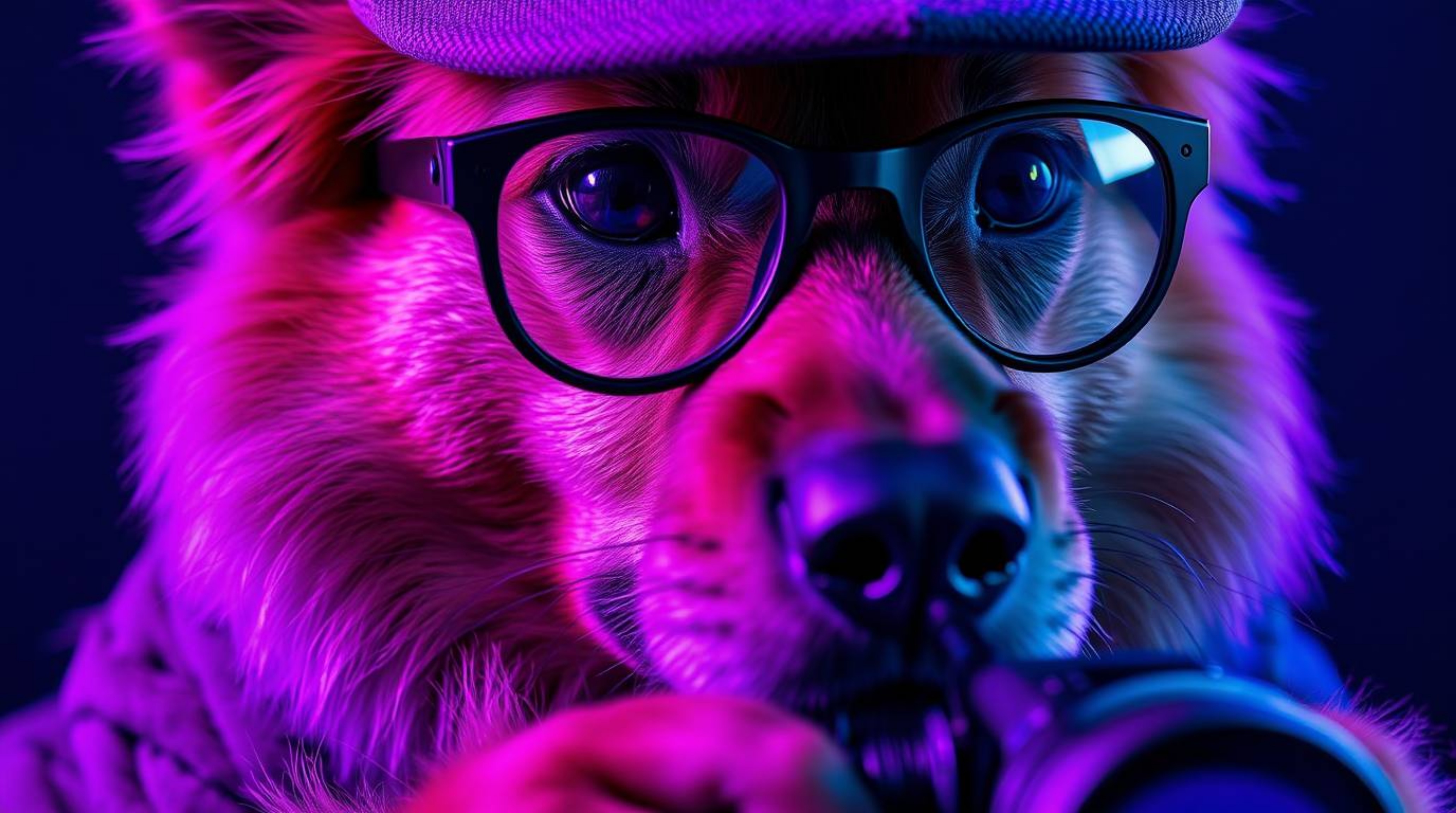 A captivating close-up reveals a furry dog detective immersed in a high-tech investigation.  Vivid purples and deep ultra-vio