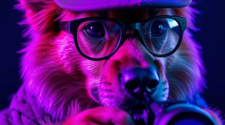 A captivating close-up reveals a furry dog detective immersed in a high-tech investigation.  Vivid purples and deep ultra-vio
