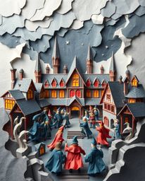 A captivating origami style illustration depicts a magical school teeming with young wizards under a stormy sky, creating a s