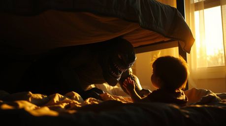 A heartwarming illustration depicting an unlikely friendship between a child and a dark, shadowy monster lurking under the be