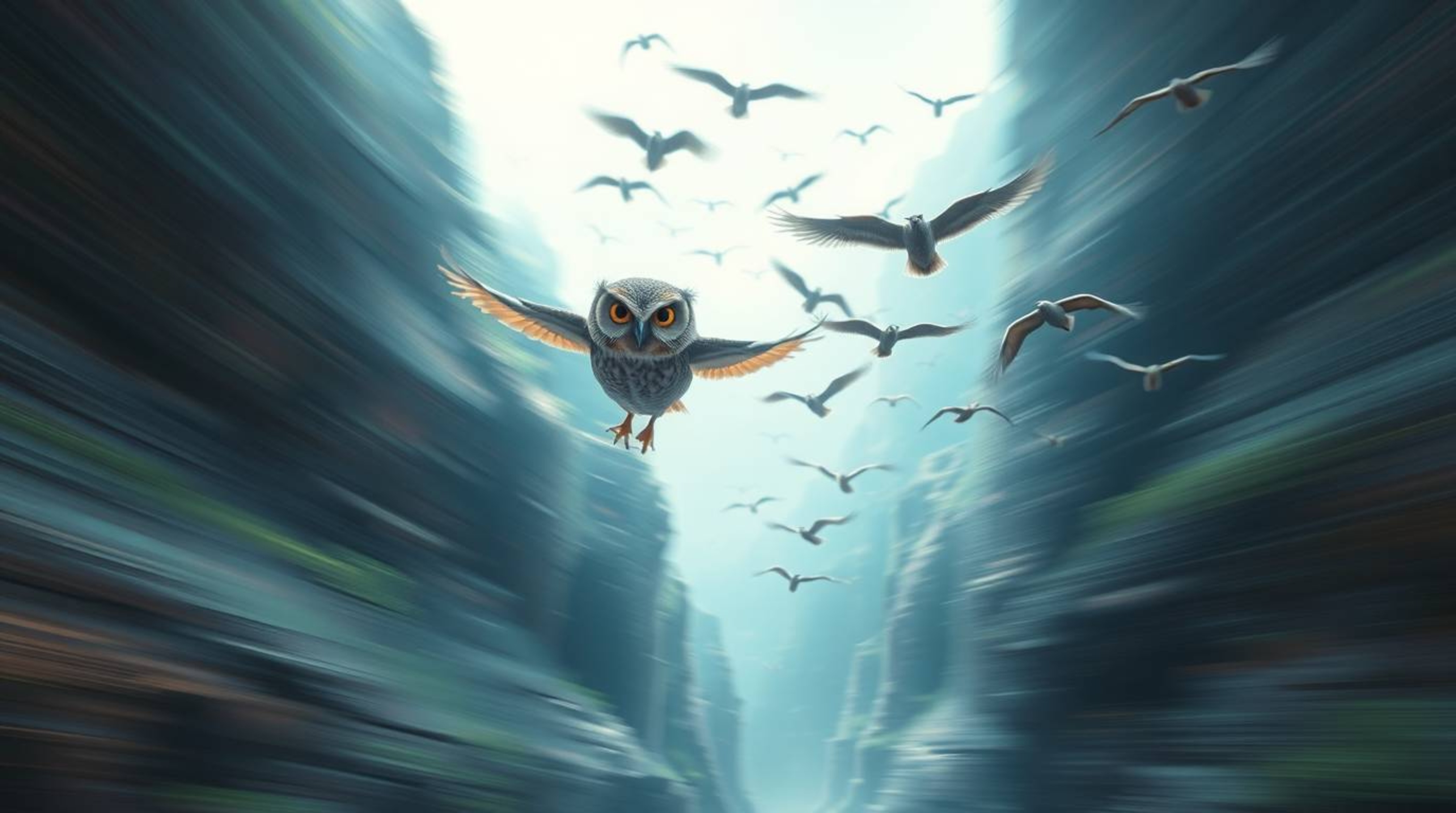 This photographic depiction, stylized like a charming Pixar character, showcases a blind owl guiding a flock of birds in flig