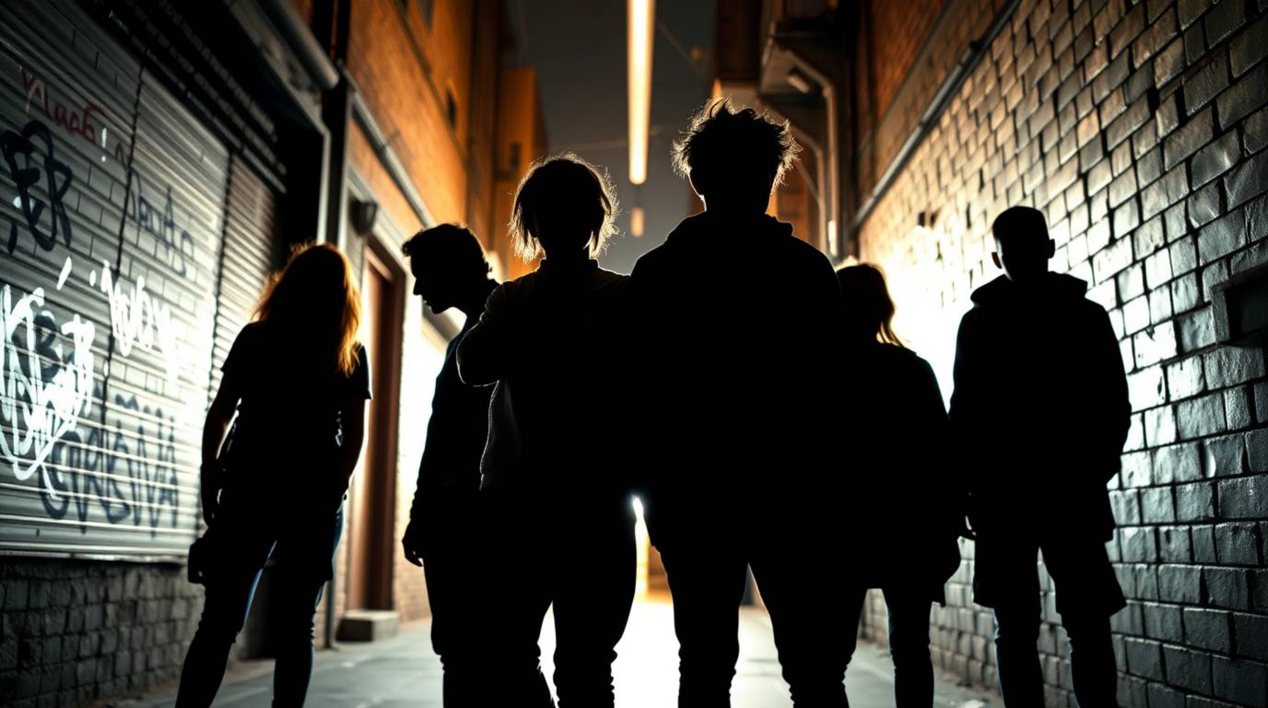 A captivating high-resolution stock photo showcasing silhouetted rebellious teens in a gritty city alley.  The dramatic backl