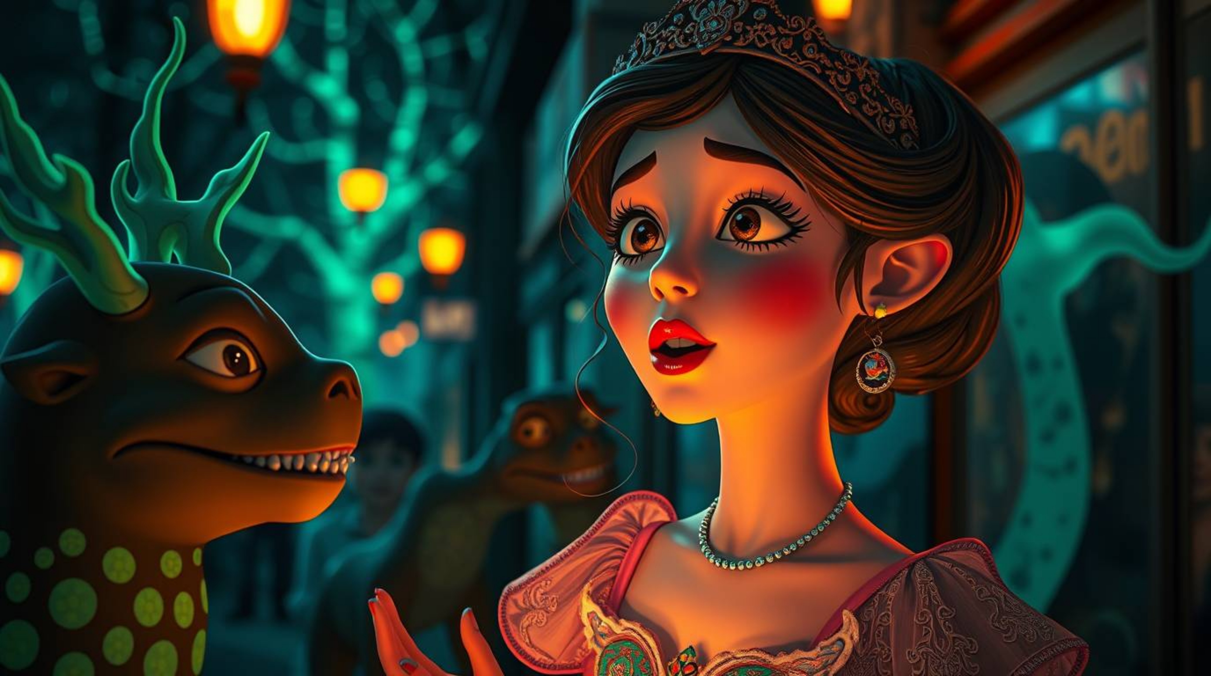 A princess with pale skin and captivating features sings to bioluminescent forest creatures in a vintage 2D animation style, 