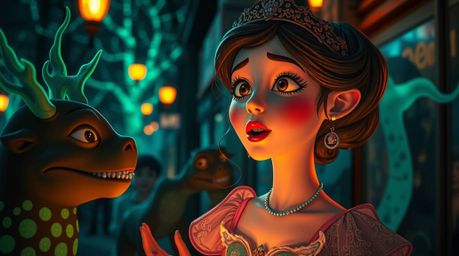 A princess with pale skin and captivating features sings to bioluminescent forest creatures in a vintage 2D animation style,