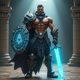 A powerful futuristic gladiator stands ready for battle in a dimly lit arena. Clad in an intricate metallic exosuit with glo