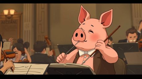 An Isekai anime-style depiction of a pig character conducting an orchestra is brought to life using natural earth tones, such
