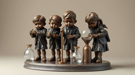 A captivating bronze sculpture depicting a group of quirky kids in school uniforms engaged in science experiments. The artwor
