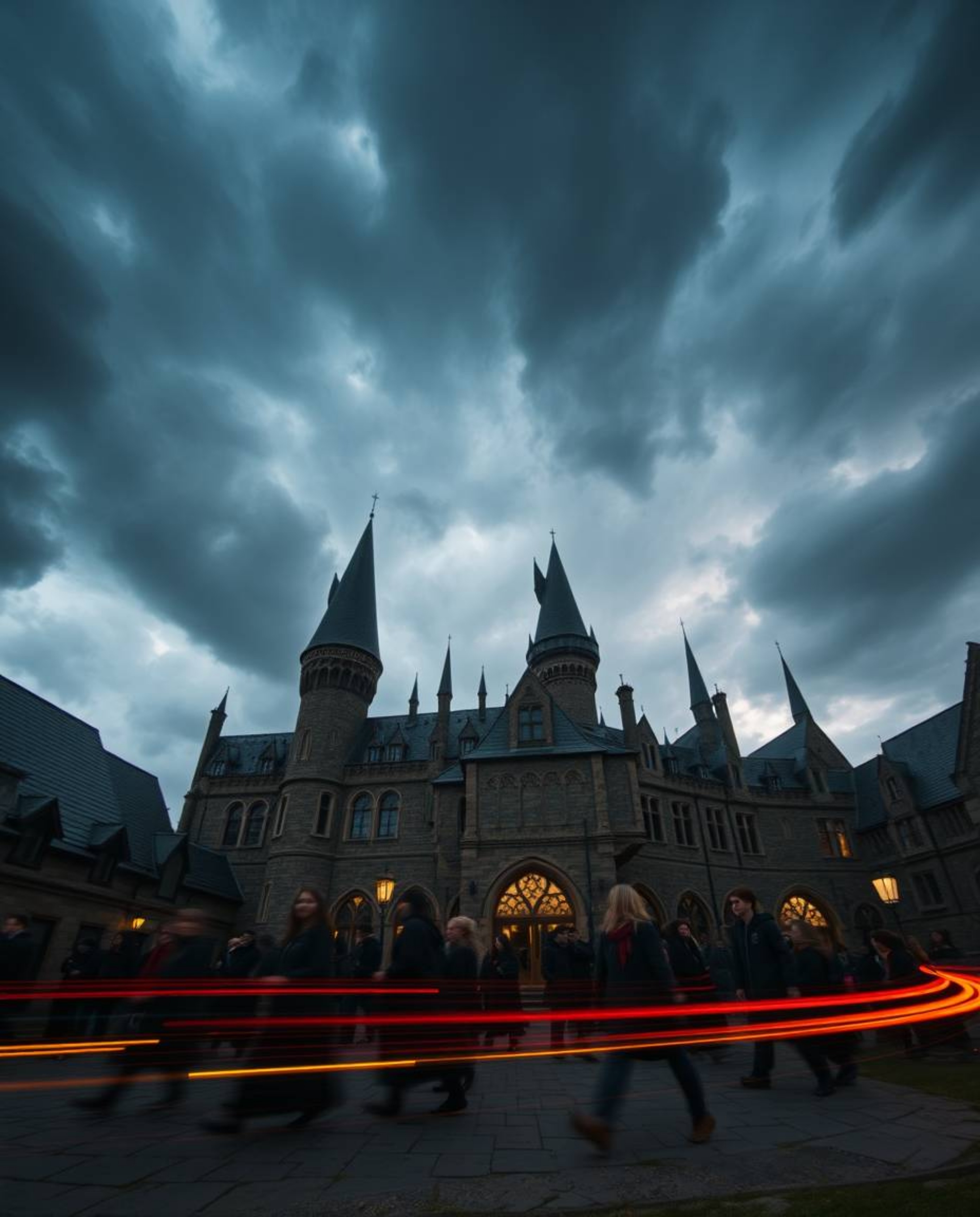 A captivating long exposure photograph depicts a magical school brimming with young wizards, set against a backdrop of intens