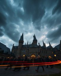 A captivating long exposure photograph depicts a magical school brimming with young wizards, set against a backdrop of intens