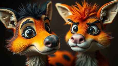 A captivating close-up showcases two mischievous talking animals, bursting with vibrant and complementary colors.  The balanc