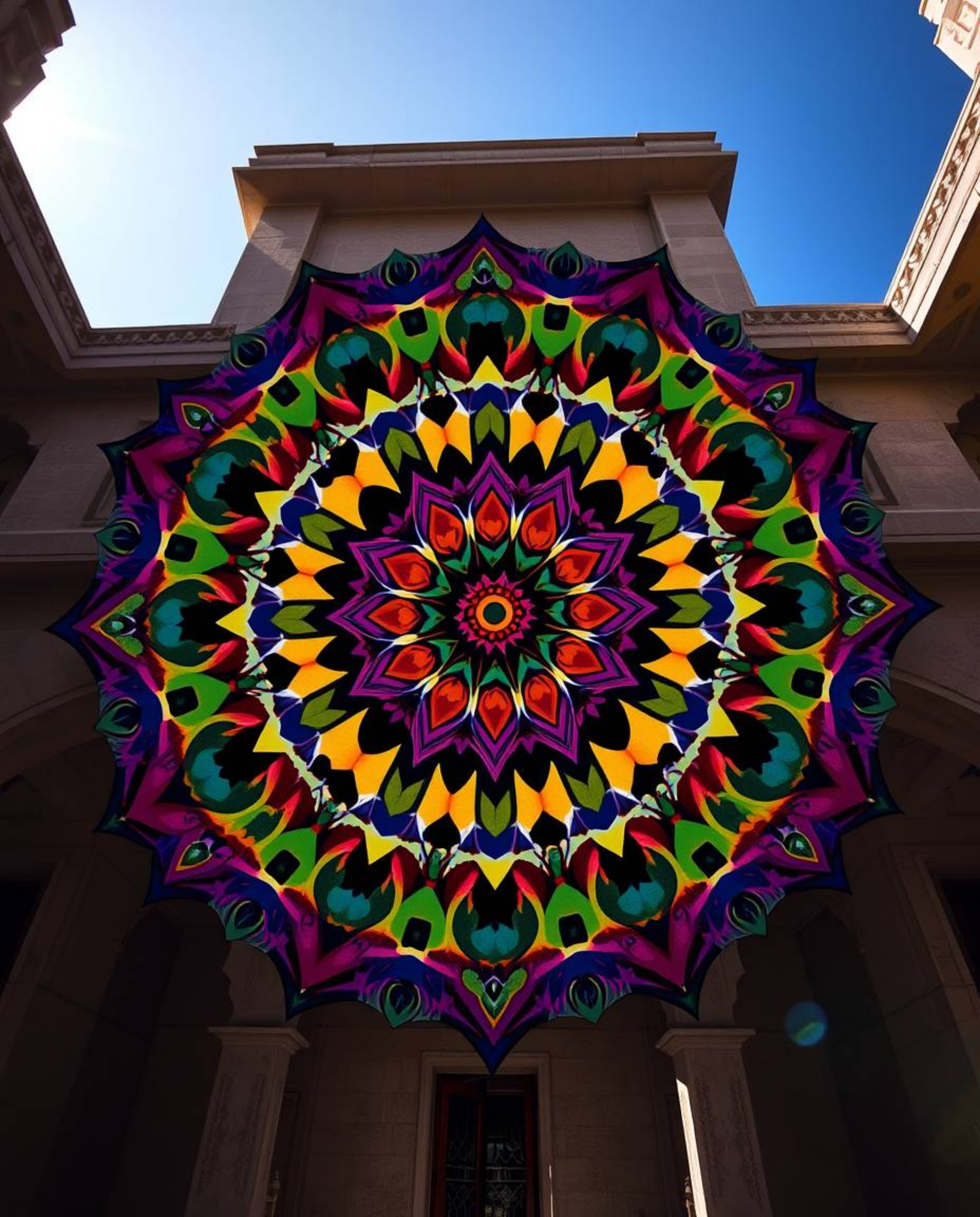 A captivating image showcasing a geometric floral mandala bursting with vibrant colors.  The symmetric design is captured wit