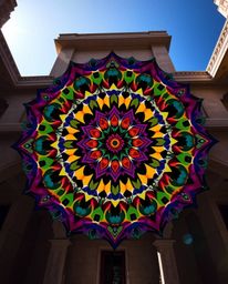 A captivating image showcasing a geometric floral mandala bursting with vibrant colors.  The symmetric design is captured wit