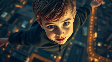 A captivating photograph showcases a young boy with enchanting features soaring above the iconic cityscape of London, sprinkl