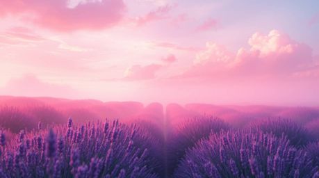 An ethereal digital painting capturing the serene beauty of lavender fields under a dreamy pink sky. This artwork evokes an o