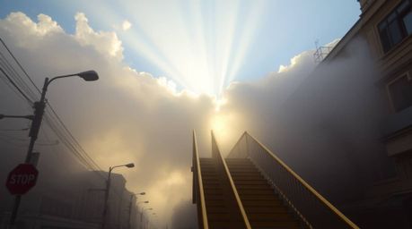 A captivating street photograph showcasing a golden staircase seemingly ascending through clouds towards a radiant heaven, wh