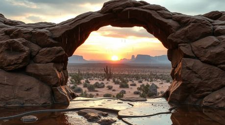 A captivating bronze sculpture depicts a desert sunset viewed through a natural rock arch.  The artwork masterfully incorpora