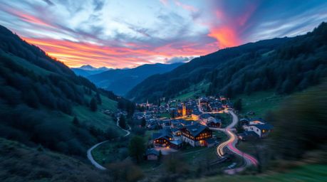 Capture the essence of tranquility with a long exposure photograph of a cozy village nestled in a deep teal valley. The vibra