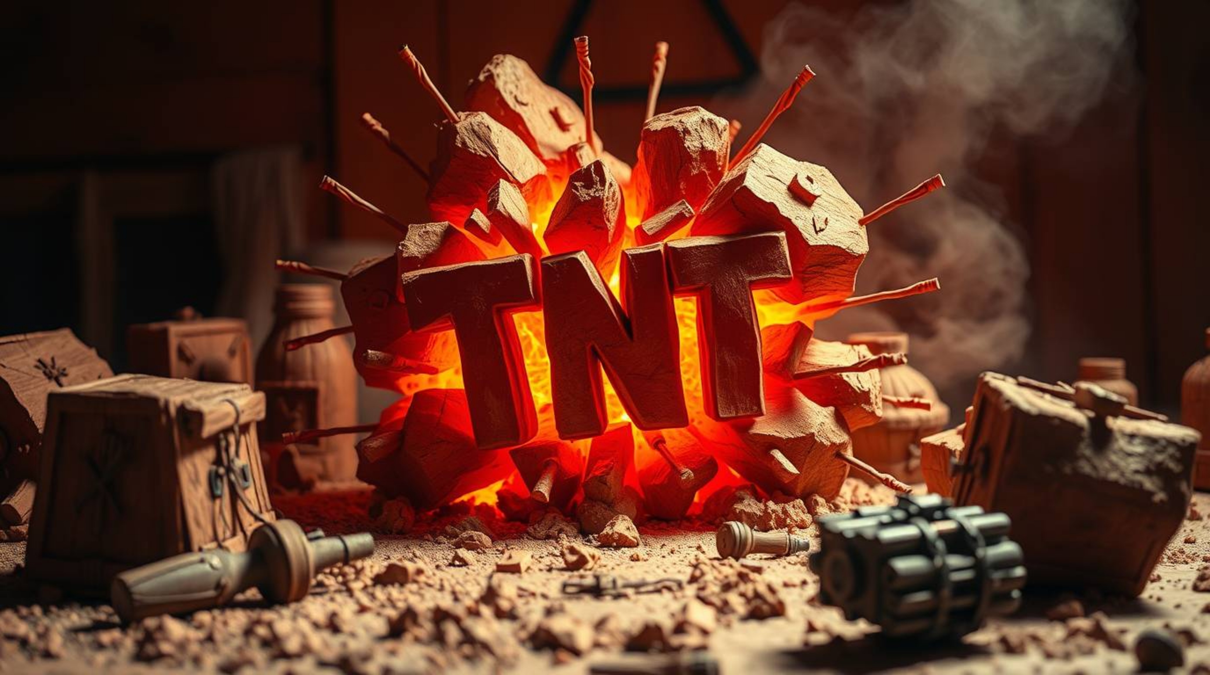 This artwork captures a classic exploding TNT gag, reminiscent of the Wild West, through the unique medium of warm, layered p