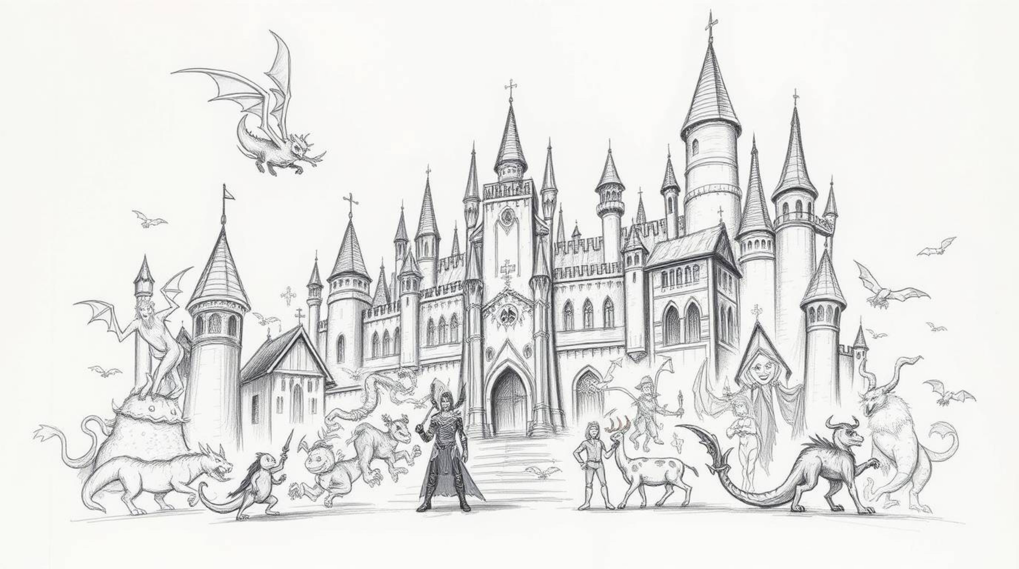 Explore a grand, hand-drawn sketch depicting an epic fantasy kingdom teeming with quirky magical creatures. This artwork show
