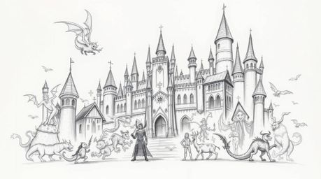Explore a grand, hand-drawn sketch depicting an epic fantasy kingdom teeming with quirky magical creatures. This artwork show