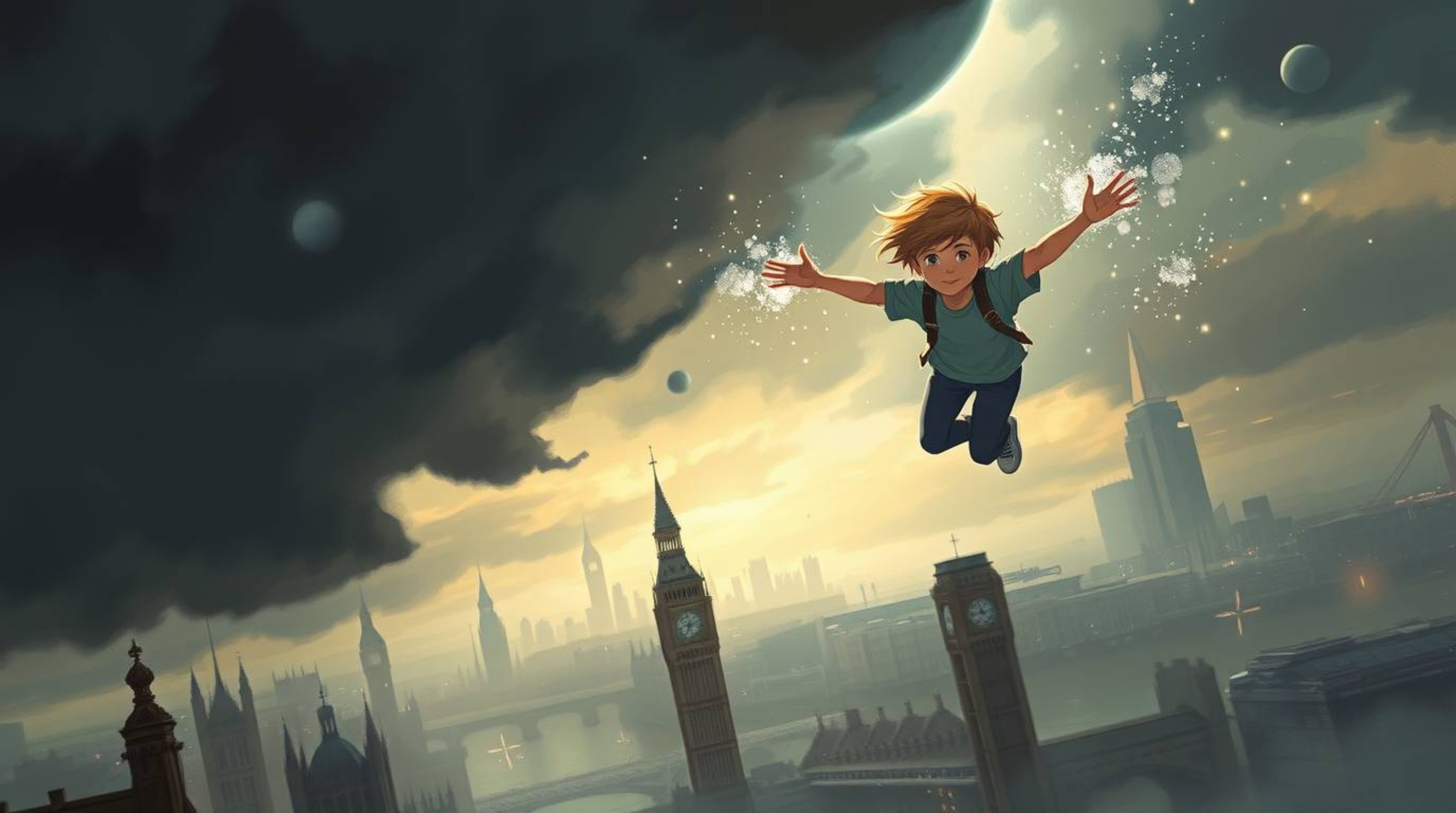 A captivating futuristic sci-fi illustration portrays a young boy with fair skin soaring above London's iconic skyline.  He's