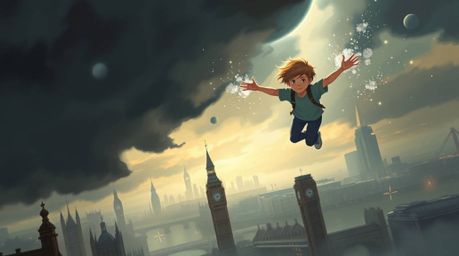A captivating futuristic sci-fi illustration portrays a young boy with fair skin soaring above London's iconic skyline.  He's