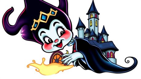 A charming and cute classic Disney villain, rendered in a vibrant, retro-styled castle setting. This intricately detailed art