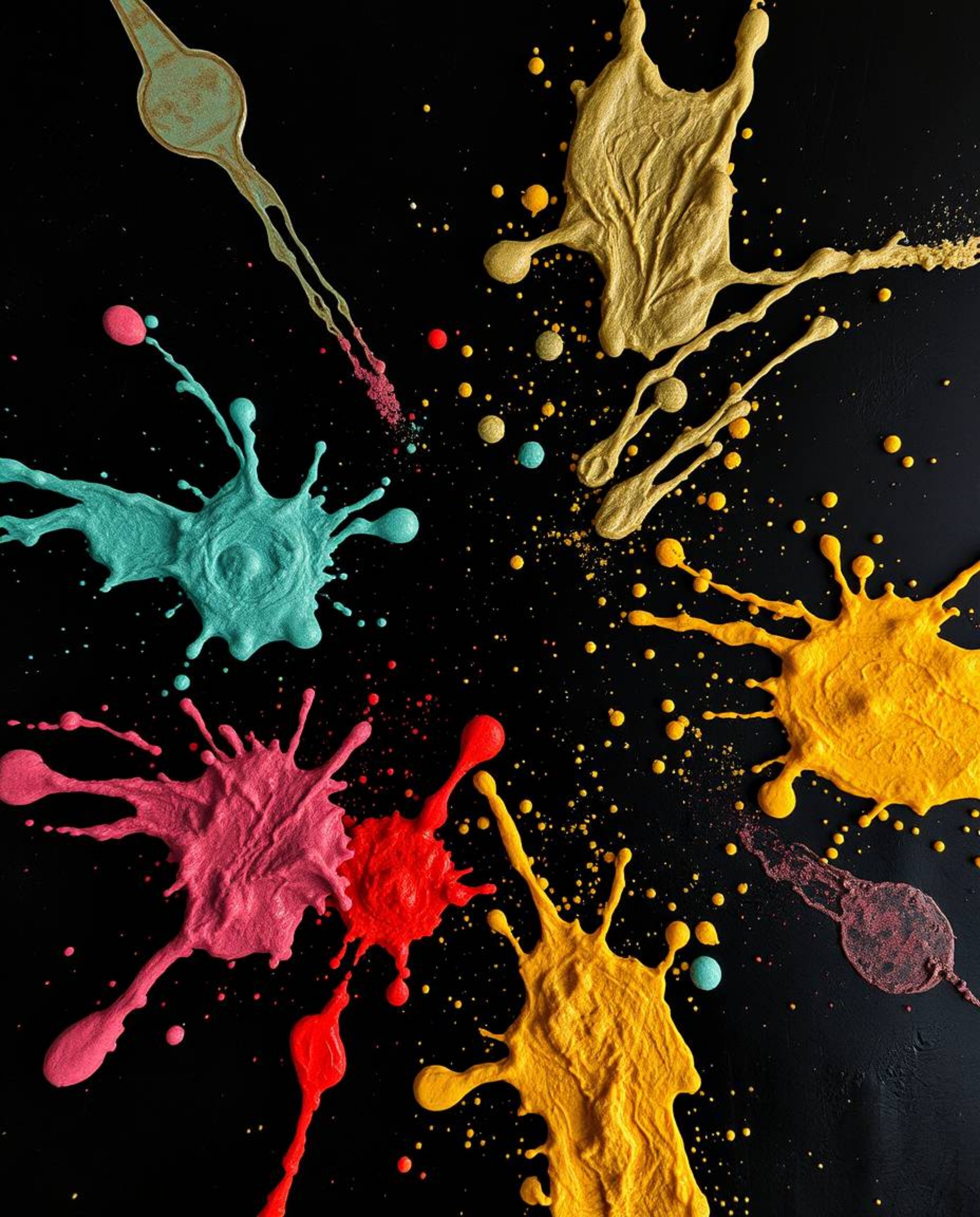 A captivating bird's-eye view photograph showcases dynamic and colorful splashes frozen in time against a stark black backgro