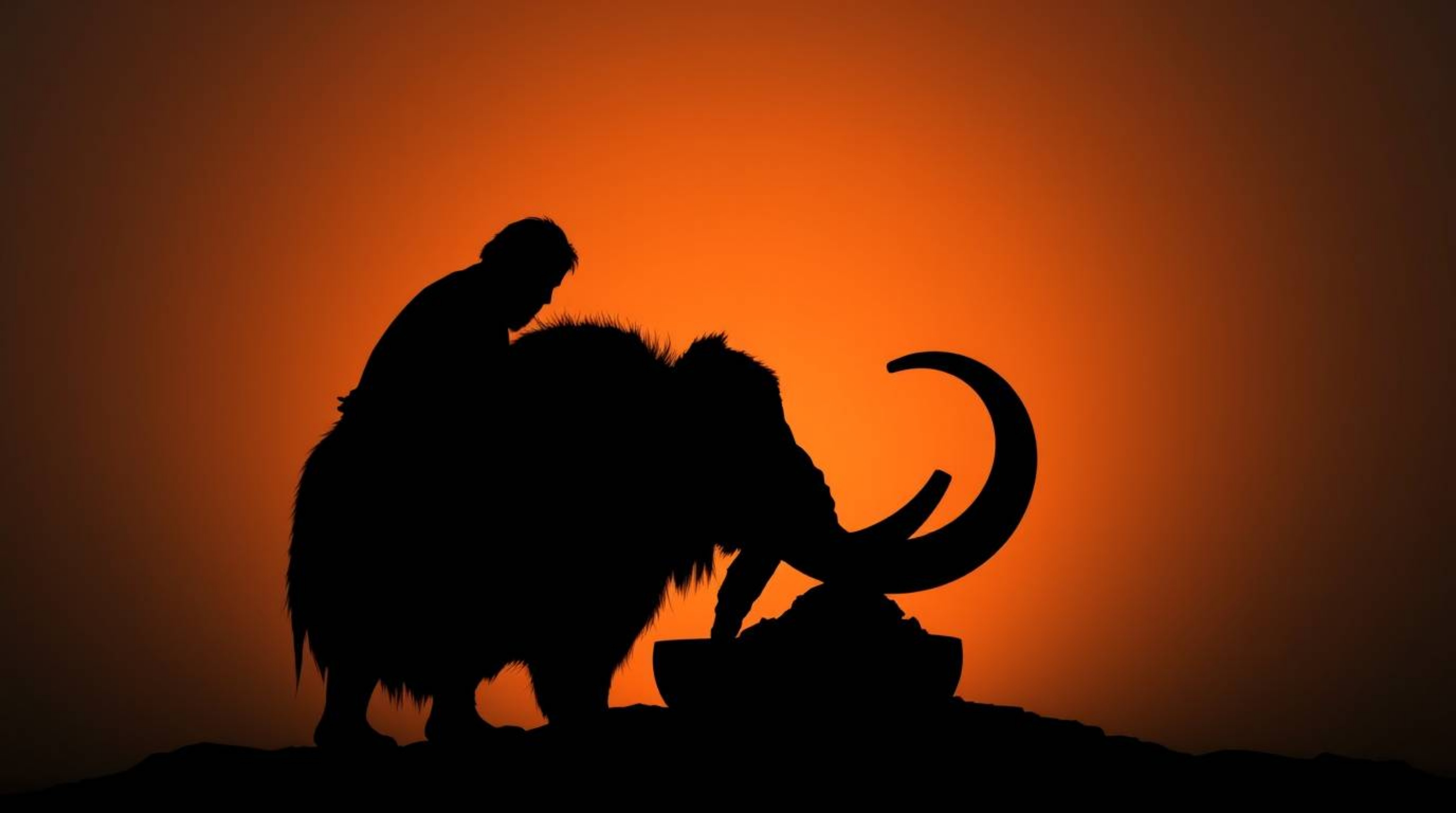 A captivating image depicts a silhouetted caveman expertly cooking mammoth meat against a vibrant backdrop of terracotta and 