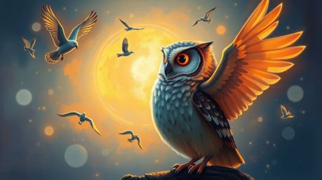 Immerse yourself in a stunning scene featuring a blind owl, rendered in a classic oil painting style with vibrant, glowing bi