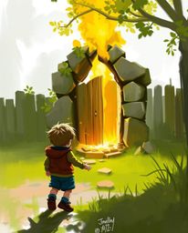 A vibrant digital painting showcases a child's wondrous discovery of a magical portal hidden in their backyard. Rendered in