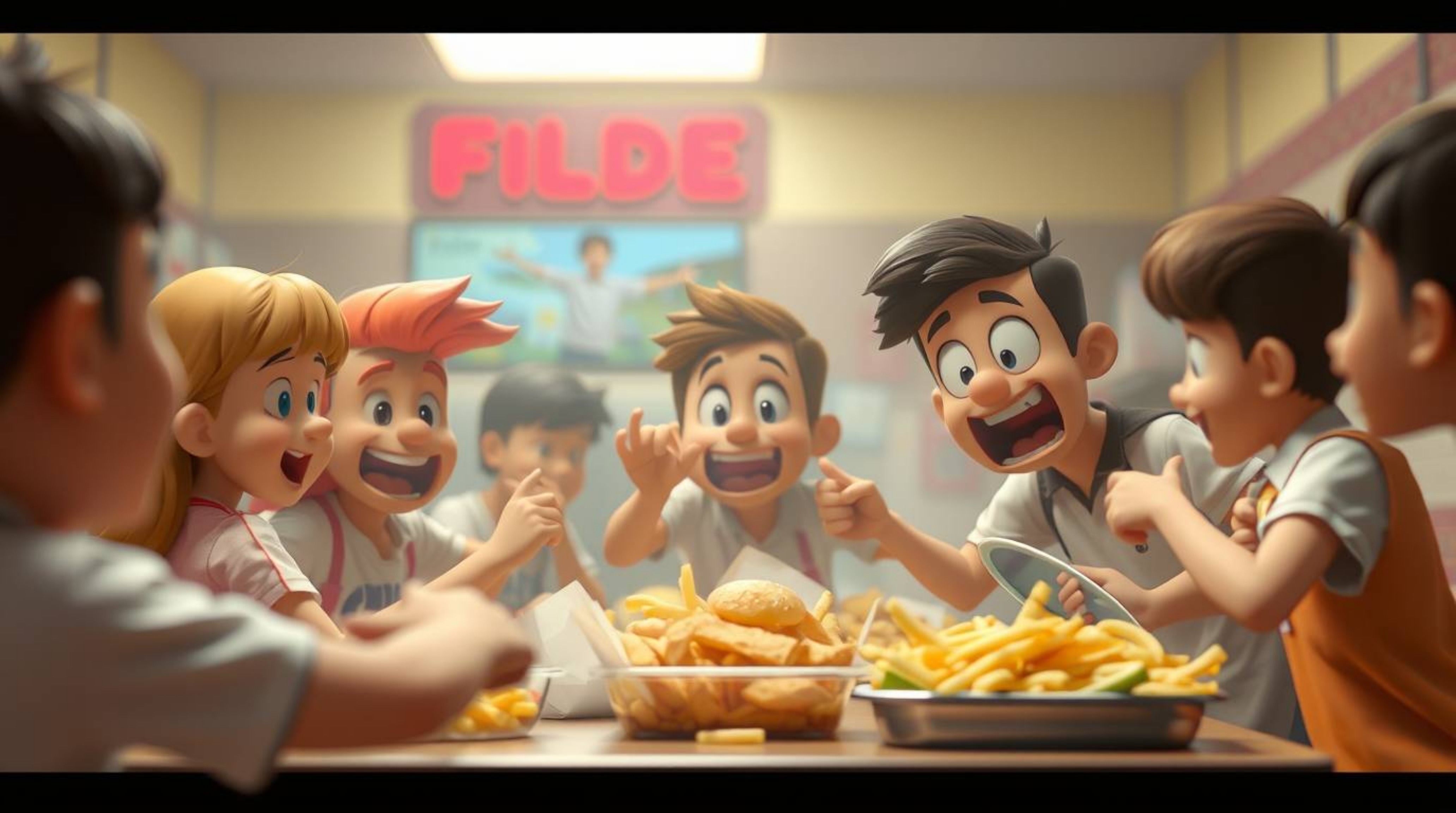 Capture the chaotic fun of a cartoon cafeteria food fight with this high-resolution stock photo. The soft cinematic haze lend