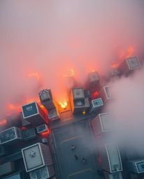 An overhead bird's-eye view of a city engulfed in flames, rendered in soft pastel colors, presents a paradoxical scene. Peopl