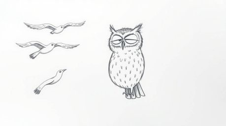 A charming hand-drawn sketch, reminiscent of Pixar animation, depicts a serene blind owl patiently instructing a flock of bir
