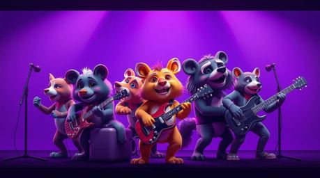 A captivating image showcases a cartoon animal rock band, professionally photographed with a striking emphasis on deep ultrav
