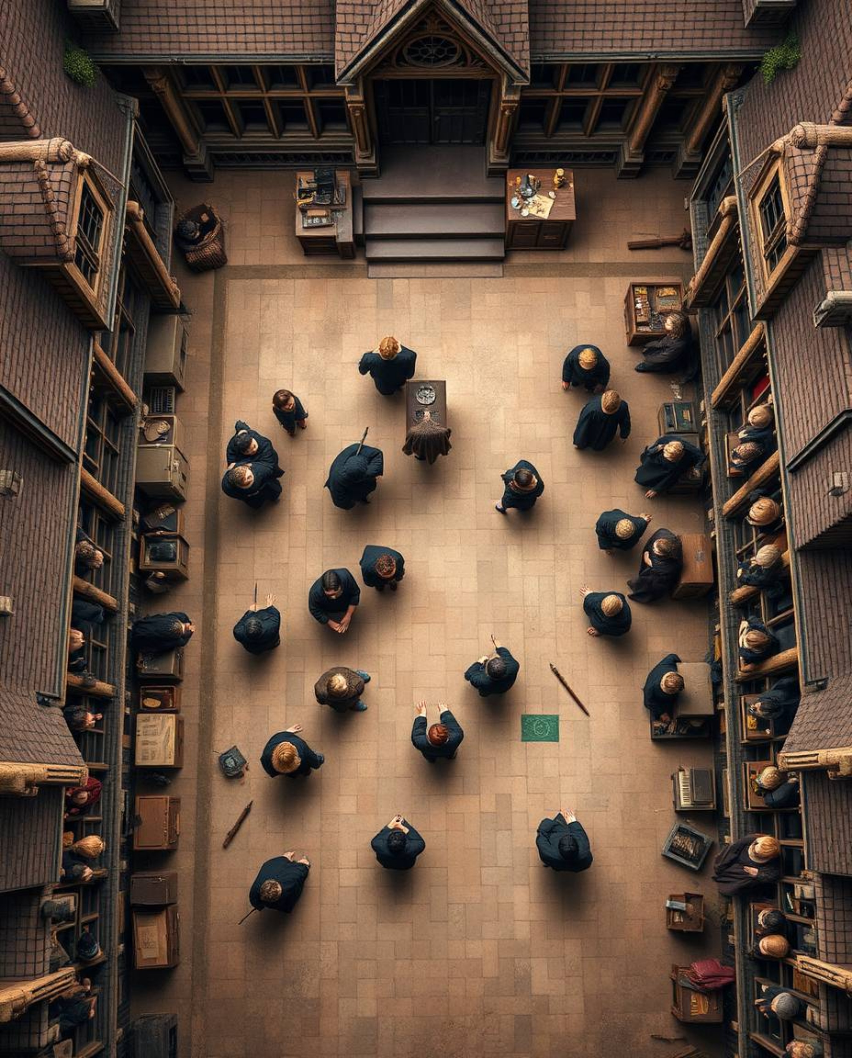 Experience a breathtaking overhead bird’s eye view of a magical school teeming with young wizards, rendered in calming natura